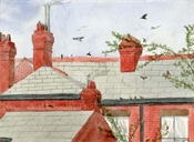 Water-colour painting of roof and chimneys