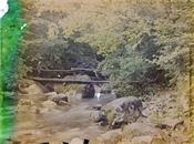 Glass plate, coloured, of stream and footbridge