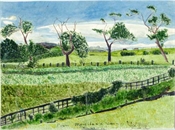 Water colour painting of rural scene viewed from Epworth House